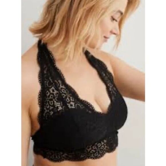 Aerie Wildflower Lace Padded Halter Bralette Sz Medium Black Sexy Boho Casual - Picture 1 of 5